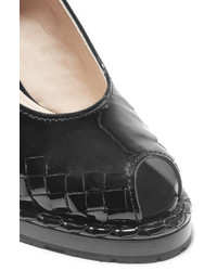 Bottega Veneta Intrecciato Patent Leather Espadrille Wedge Sandals Black