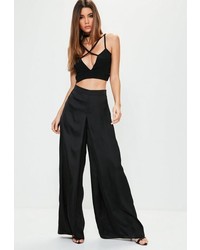 Missguided Black Satin Pleat Front Wide Leg Trousers