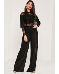 Missguided Sheer Chiffon Pleated Wide Leg Trousers Black