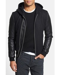 7 Diamonds Ace Wool Blend Hooded Bomber Jacket With Leather Sleeves And Hood