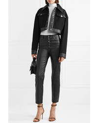 Sara Battaglia Cropped Faux Leather Trimmed Wool Crepe Jacket