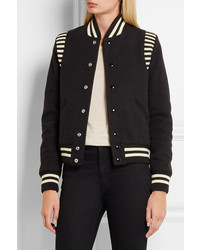 Saint Laurent Striped Jersey Trimmed Wool Blend Piqu Bomber Jacket Black