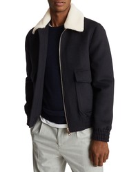 Reiss Rivet Slim Fit Faux Shearling Collar Wool Blend Bomber Jacket In Navy At Nordstrom