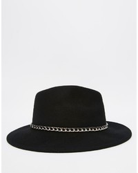 Asos Brand Fedora Hat In Black Felt With Chain