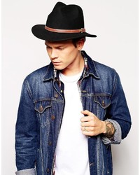 Asos Brand Fedora Hat In Black With Faux Leather Trim