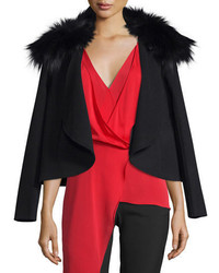Halston Heritage Draped Open Front Jacket W Removable Fox Fur Collar