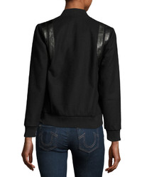 True Religion Leather Trim Wool Varsity Jacket Black
