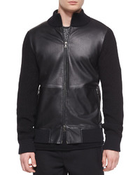 Vince Leather Zip Up Jacket With Wool Sleeves Black
