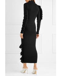 Preen by Thornton Bregazzi Amber Ruffled Ribbed Wool Midi Dress Black
