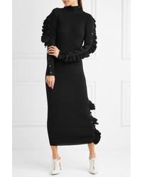 Preen by Thornton Bregazzi Amber Ruffled Ribbed Wool Midi Dress Black