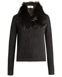 Moncler Detachable Fur Collar Wool Blend Sweater