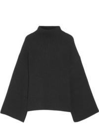 Rosetta Getty Asymmetric Ribbed Wool And Cashmere Blend Turtleneck Sweater Black
