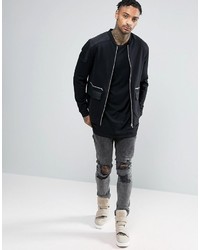 Asos Jersey Bomber Jacket With Woven Panels Zip Pockets
