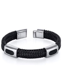 Oravo Black Woven Leather And Stainless Steel Bracelet
