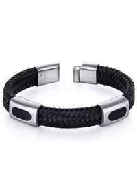peora Black Woven Leather And Stainless Steel Bracelet