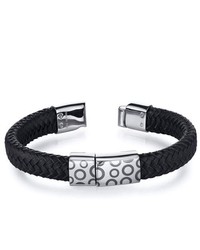 peora Circle Motif Black Woven Leather Stainless Steel Bracelet