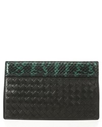 Bottega Veneta Black And Green Python Trimmed Intrecciato Leather Clutch