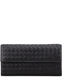 Bottega Veneta Woven Leather Flap Wallet Black