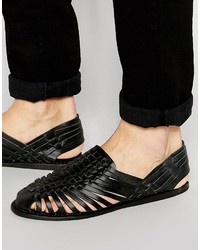 Asos Brand Woven Sandals In Black Leather