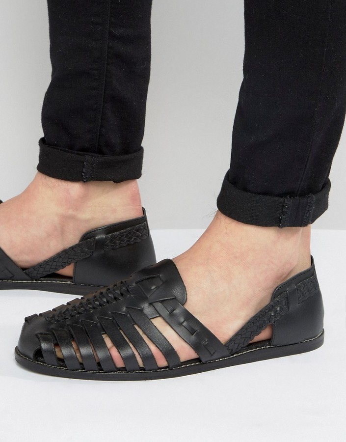 Asos Woven Sandals In Black Leather 