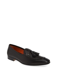 Black Woven Leather Tassel Loafers