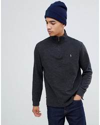 Polo Ralph Lauren Half Zip Cotton Knit Jumper With Multi Player Logo In Charcoal Marl