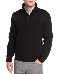 Brioni Half Zip Pullover Sweater With Suede Trim Black