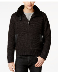 DKNY Jeans Aviator Full Zip Lined Sweater With Faux Leather Trim