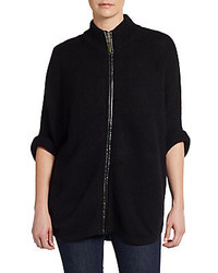 Joan Vass Leather Accented Zip Front Cardigan