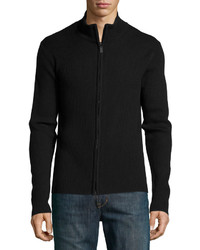 Neiman Marcus Ribbed Zip Front Sweater Black