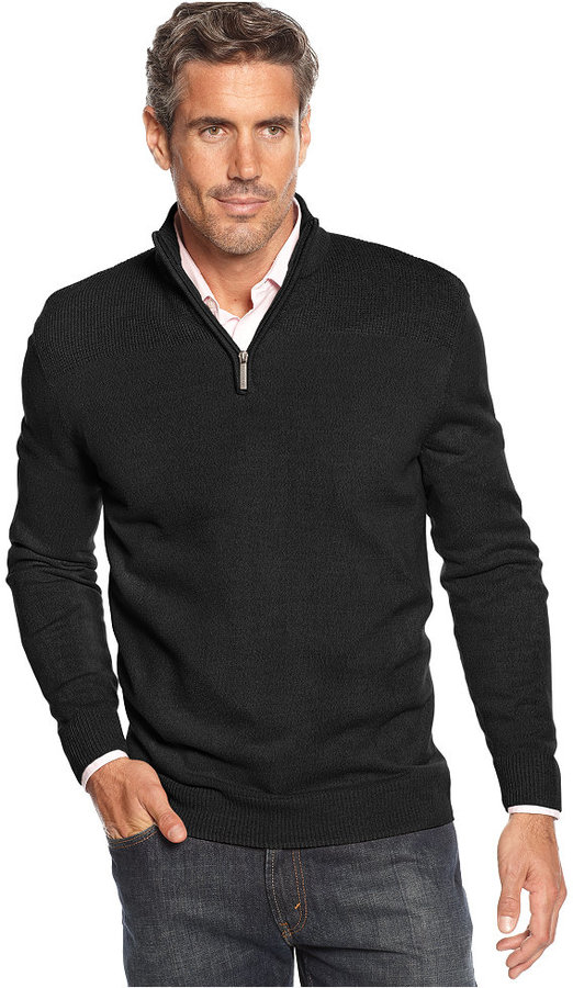 Geoffrey Beene Sweater Quarter Zip Mock Neck Ribbed Yoke Pullover