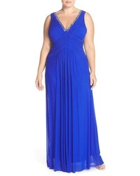 Marina Beaded V Neck Pleat Mesh Gown