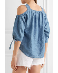 Madewell Cold Shoulder Linen And Cotton Blend Chambray Top Blue
