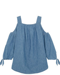 Madewell Cold Shoulder Linen And Cotton Blend Chambray Top Blue