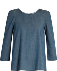 The Great The Darling Ruched Shoulder Cotton Chambray Top