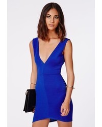 Missguided Penny Ribbed V Neck Bodycon Dress Cobalt