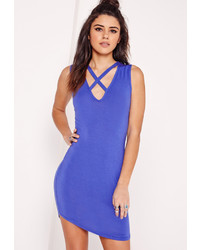 Missguided Plunge Cross Front Curve Hem Bodycon Dress Washed Blue