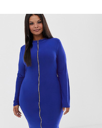 Fashionkilla Plus Zip Front Bodycon Dress In Blue