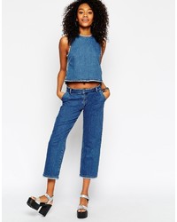 Asos Collection Denim Tailored Wide Leg Jean Co Ord In Mid Wash With Raw Hem