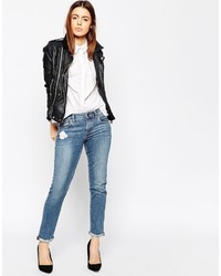 Asos Collection Kimmi Shrunken Boyfriend Jeans In Lily Mid Wash With Rip And Repair
