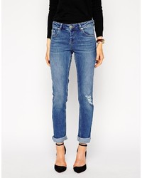 Asos Collection Kimmi Shrunken Boyfriend Jeans In Rio Vintage Wash With Ripped Knee