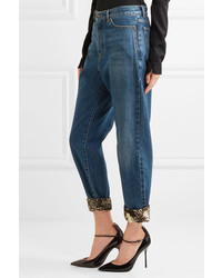 Saint Laurent Cropped Sequin Embellished High Rise Boyfriend Jeans Mid Denim