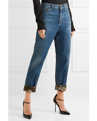 Saint Laurent Cropped Sequin Embellished High Rise Boyfriend Jeans Mid Denim
