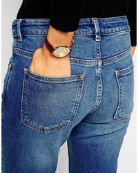 Asos Petite Kimmi Supersoft Stretch Shrunken Boyfriend Jeans In Mid Wash Vintage With Ripped Knee