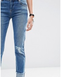 Asos Petite Petite Kimmi Shrunken Boyfriend Jeans In Rio Wash With Rips And Turn Up