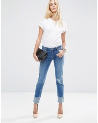 Asos Petite Petite Kimmi Shrunken Boyfriend Jeans In Rio Wash With Rips And Turn Up