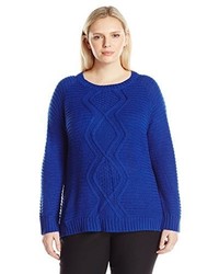 Notations Plus Size Crew Neck Diamond Mix Stitch Cable Pullover Sweater