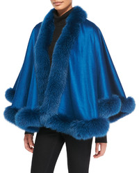 Sofia Cashmere Fox Fur Trimmed Cashmere Petite U Cape Petrol