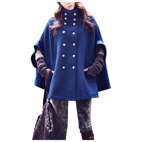 Unique-Bargains Double Breasted Royal Blue Pocket Cape Coat For Ladym