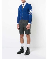 Thom Browne Short V Neck Cardigan With 4 Bar Stripe In Blue Cashmere